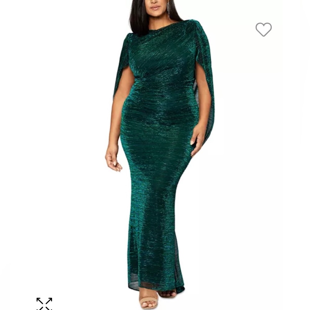 Betsy & Adam cape metallic gown.